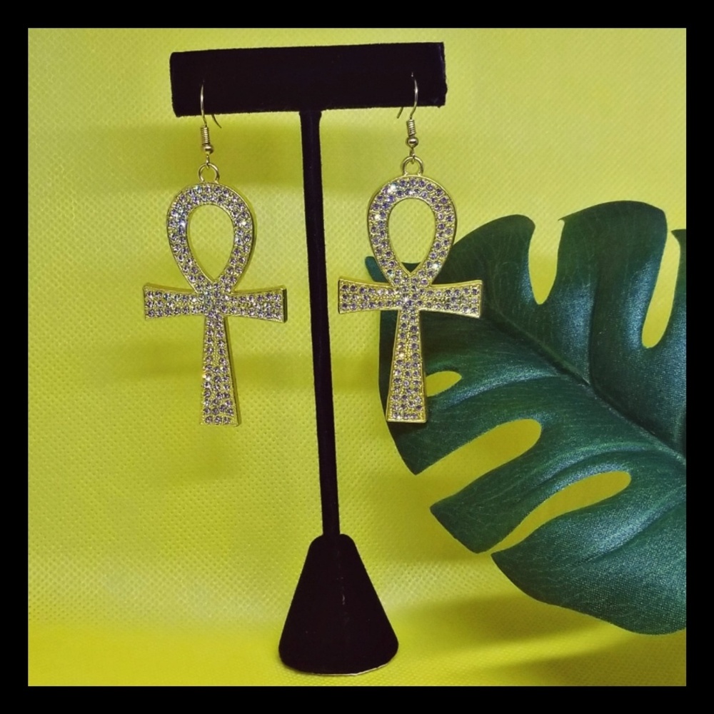 Ankh Gold and Crystal Earrings